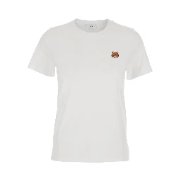 White Crewneck T-Shirt with Logo Embroidery on the Front in Cotton Woman