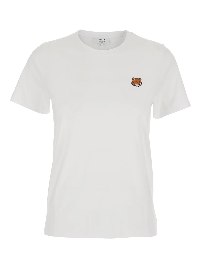 White Crewneck T-Shirt with Logo Embroidery on the Front in Cotton Woman