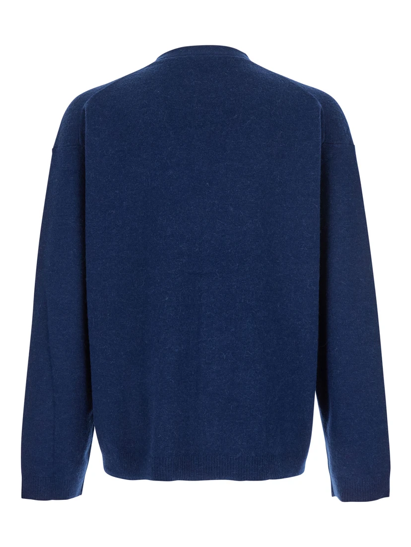 Blue Cardigan with V Neck and and Front Zip Closure in Wool Blend Man