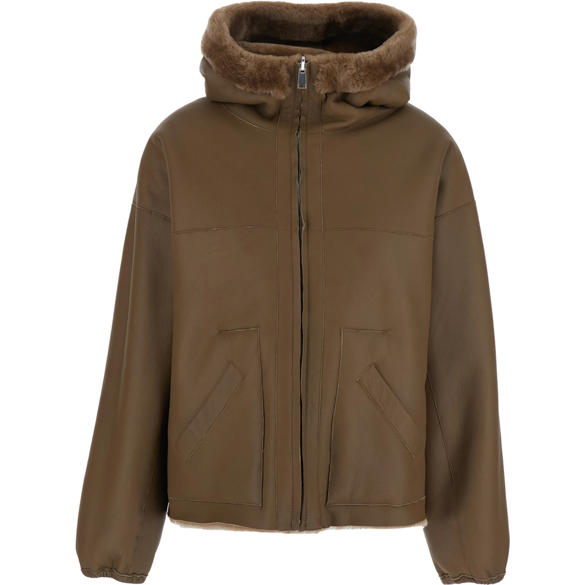 Brown Reversible Shearling Jacket with Drawstring Hood and Front Zip Closure in Fur Woman