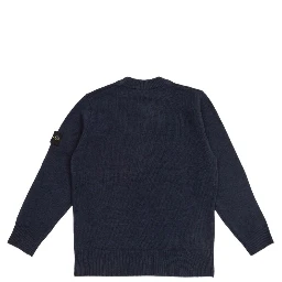Blue Crewneck Sweater with Logo Patch on the Sleeve in Ribbed Trims in Wool and Cashmere Blend Boy