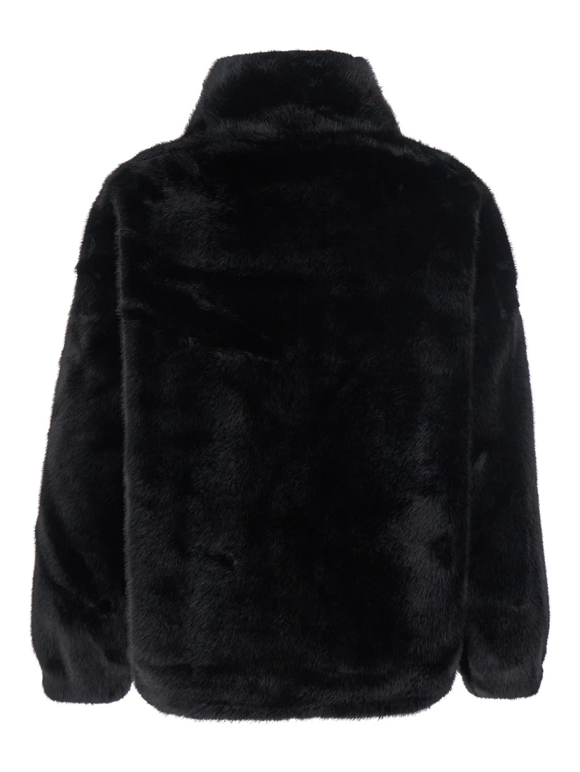 Annie Black Fur Jacket with Classic Collar and Front Zip Closure in Ecofur Woman