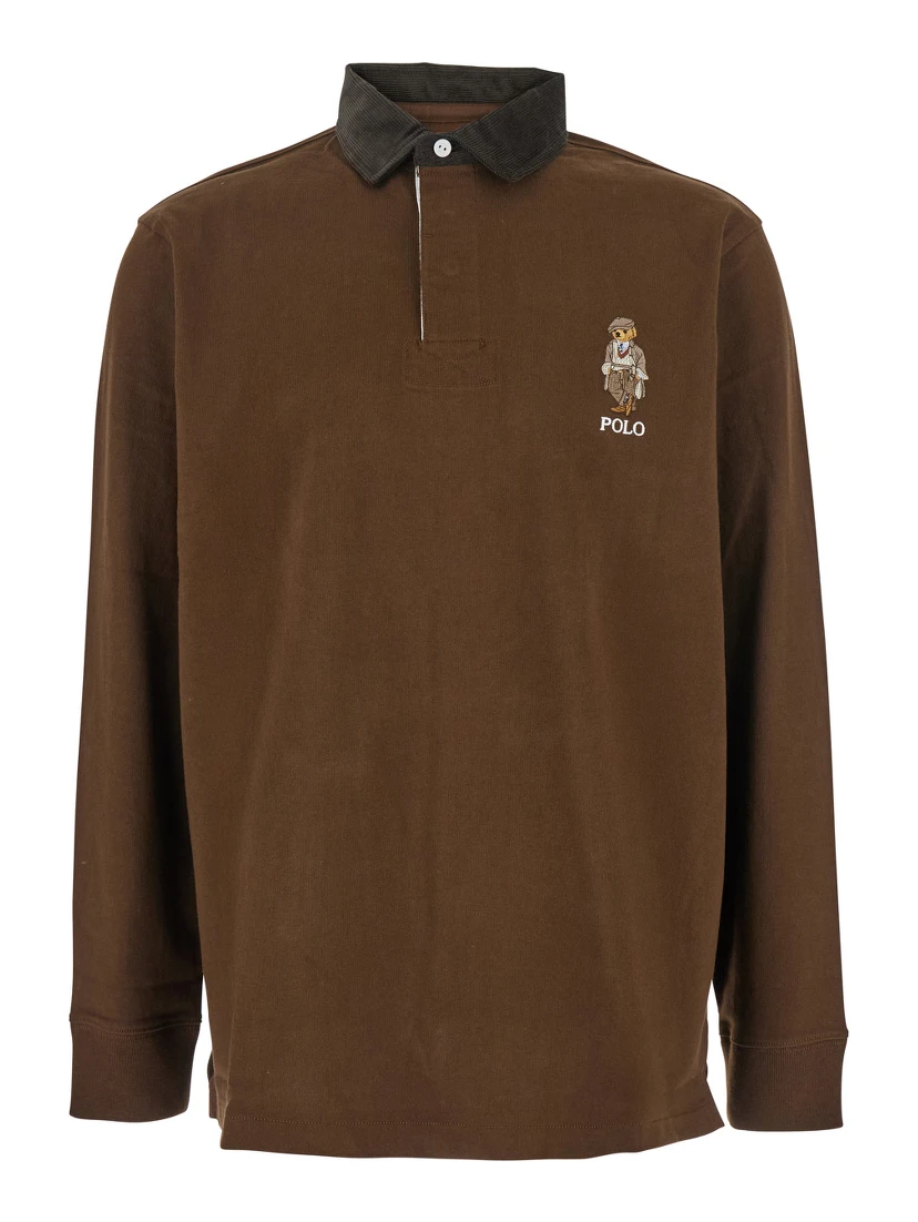 "Classic Fit" Brown Polo Shirt with Corduroy Collar and Logo Embroidery on the Front in Cotton Man
