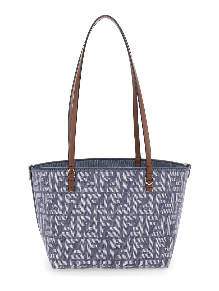 Blue Reversible Tote Bag with Two Top Leather Handles and All-Over FF Motif in Cotton Woman