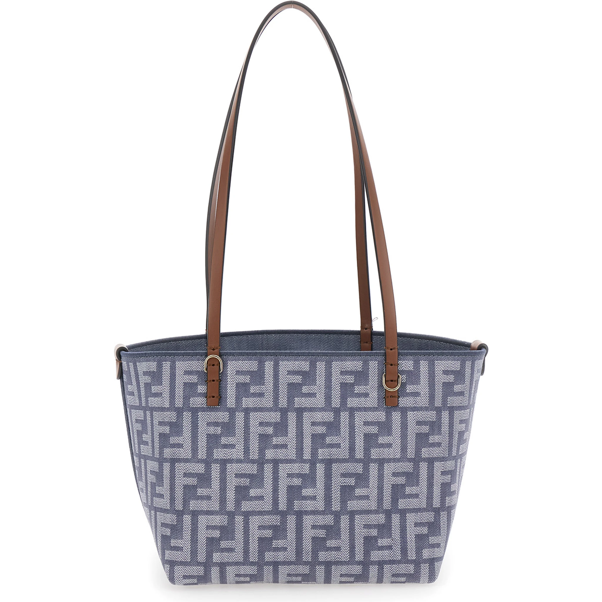 Blue Reversible Tote Bag with Two Top Leather Handles and All-Over FF Motif in Cotton Woman