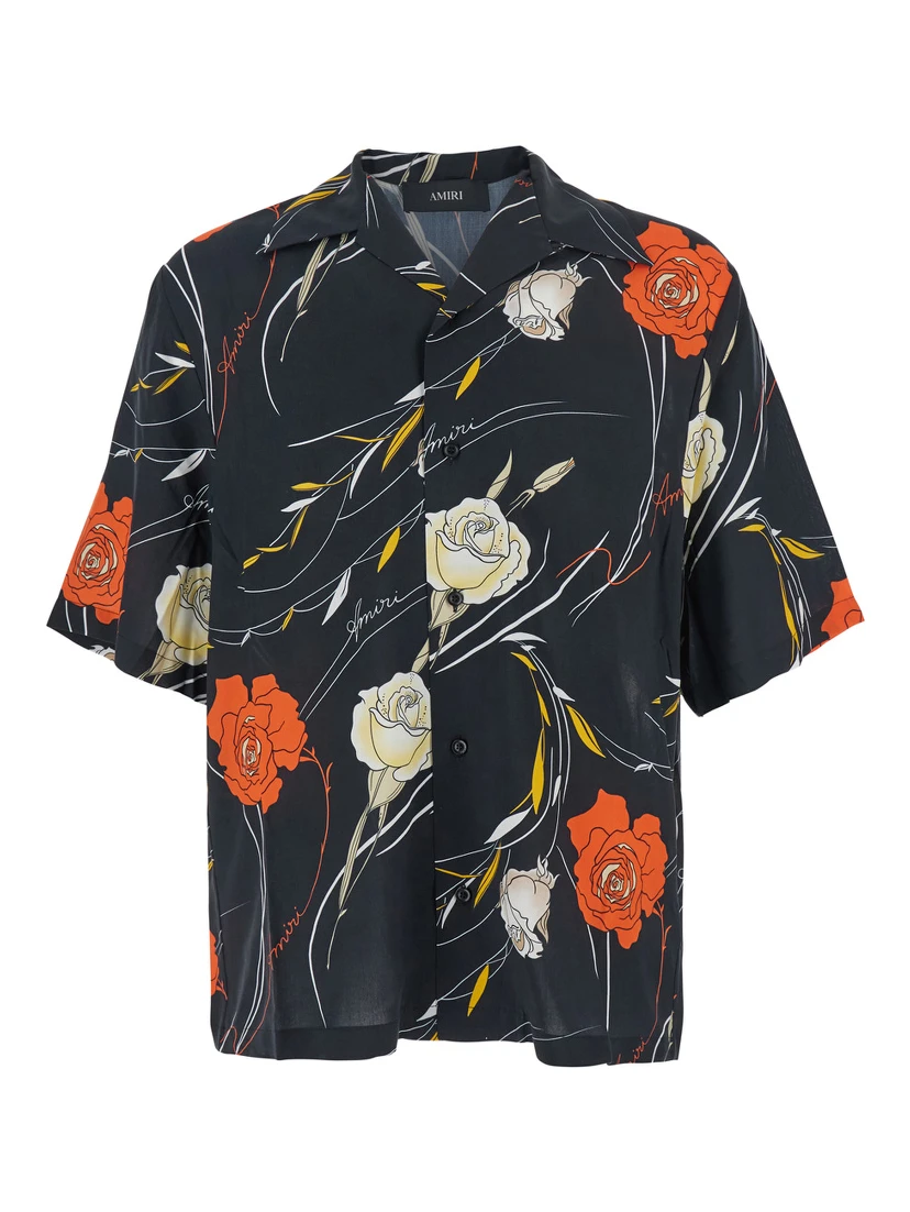 Black Bowling Shirt with Cuban Collar and All-Over Floral Motif in Viscose Man
