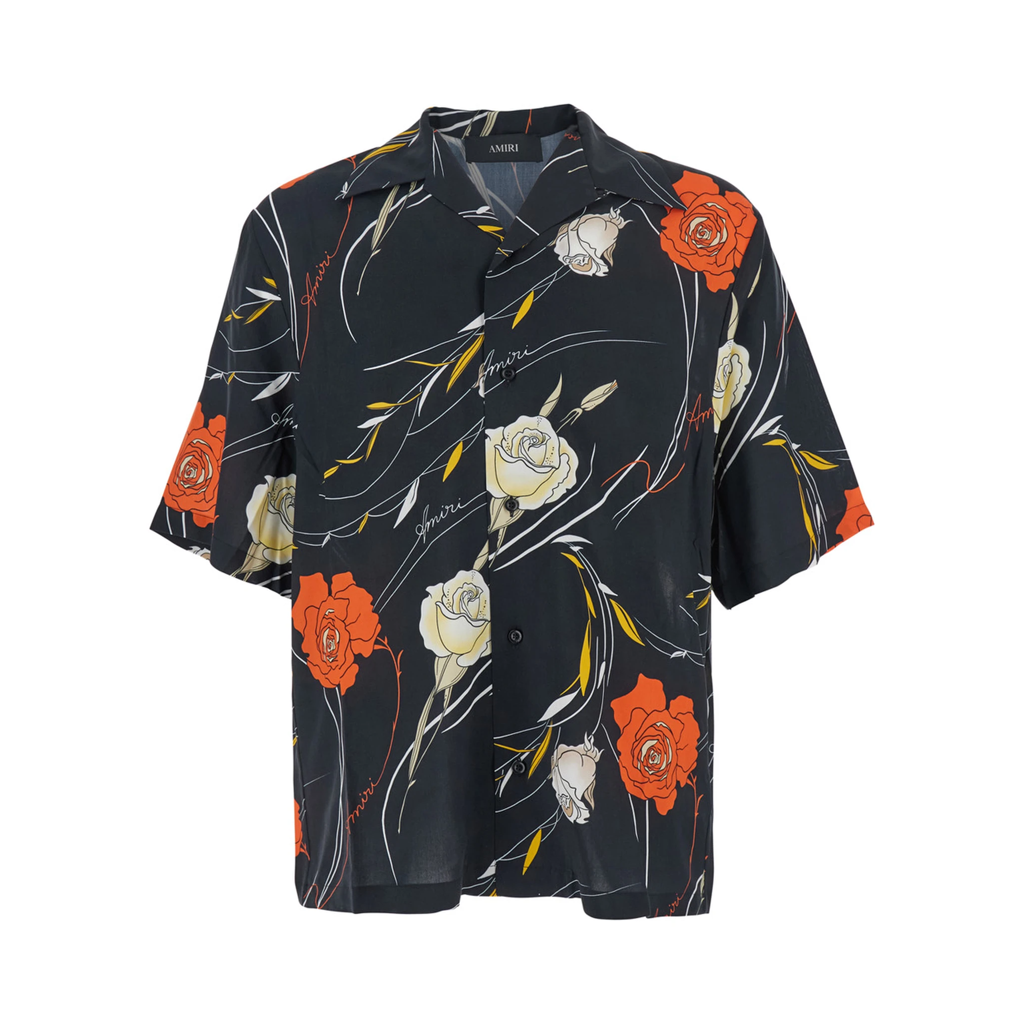 Black Bowling Shirt with Cuban Collar and All-Over Floral Motif in Viscose Man