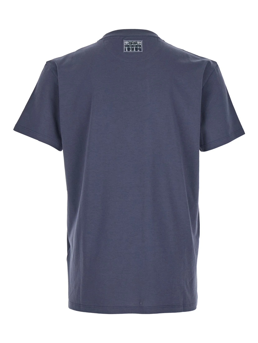 Blue Crewneck T-Shirt with Logo Print on the Front and Logo Patch on the Rear in Cotton Man