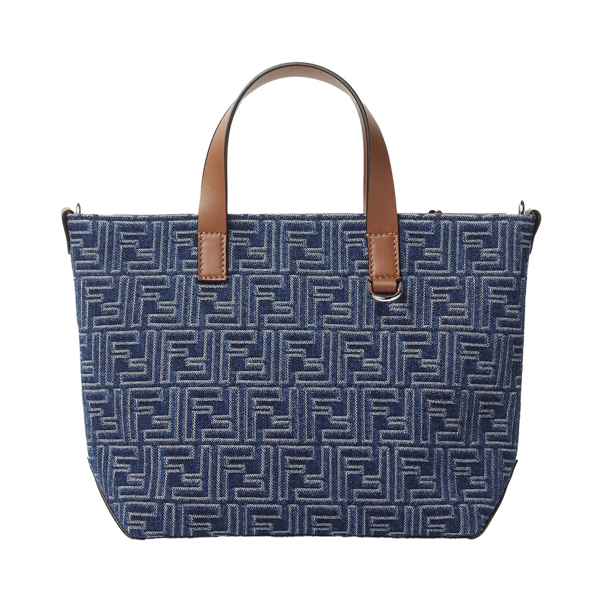 Blue Shopper With Top Handles And All-Over FF Motif In Cotton Man