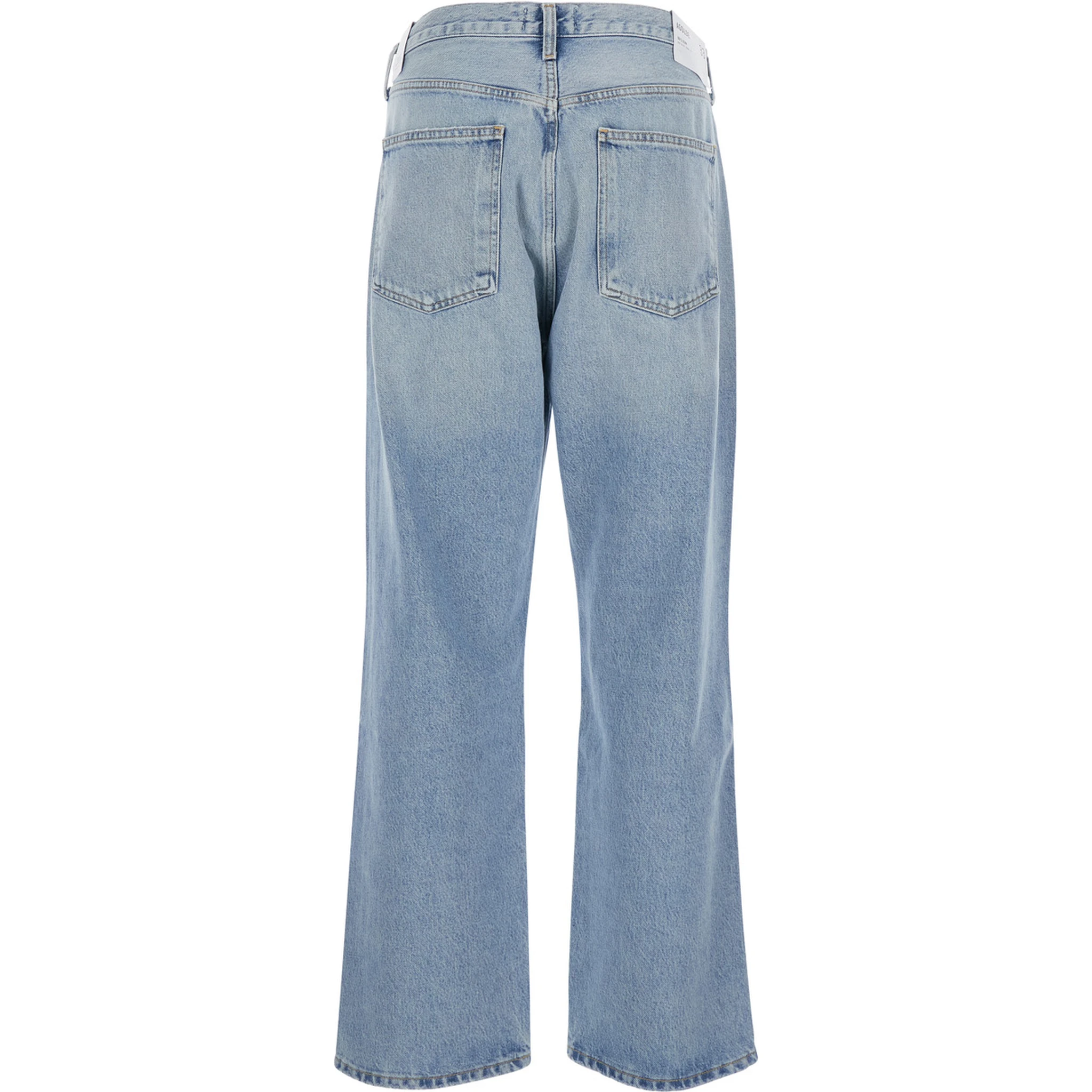 Light Blue Jeans with Ripped Details on the Front and Logo Patch on the Front in Denim Man