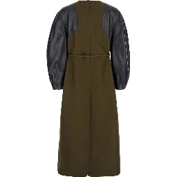 Green Crewneck Coat with Puffed Leather Sleeves and Belt with FF Plaque in Wool and Viscose Woman