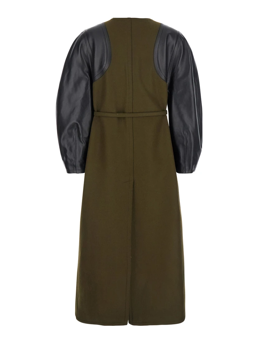 Green Crewneck Coat with Puffed Leather Sleeves and Belt with FF Plaque in Wool and Viscose Woman