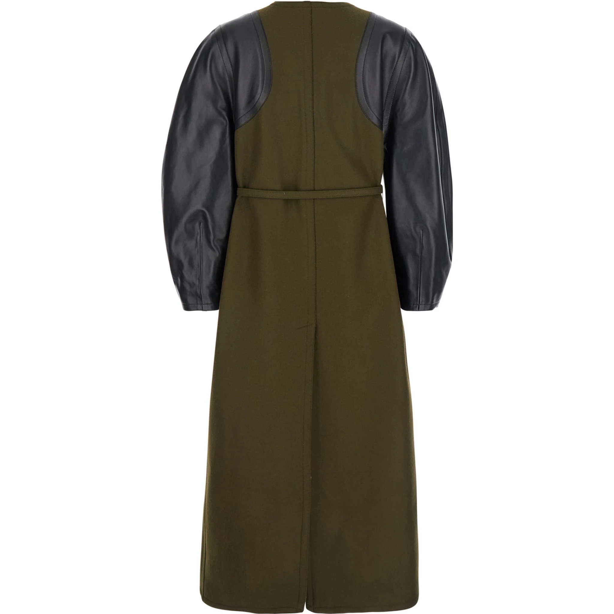 Green Crewneck Coat with Puffed Leather Sleeves and Belt with FF Plaque in Wool and Viscose Woman