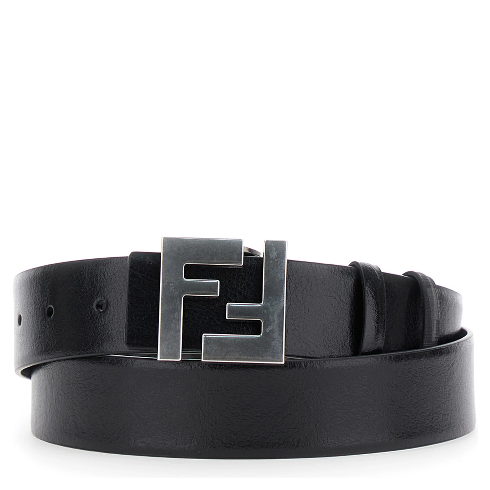 Black Reversible Belt with FF Logo Buckle in Leather Man