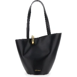 Le Bambola Moyen Black Shoulder Bag with Front Metal Ring Closure and Embossed Logo Lettering on the Front in Leather Woman
