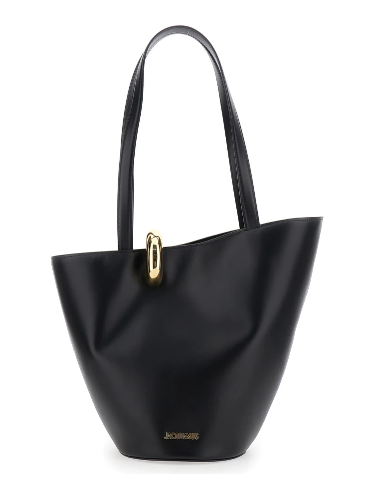 Le Bambola Moyen Black Shoulder Bag with Front Metal Ring Closure and Embossed Logo Lettering on the Front in Leather Woman