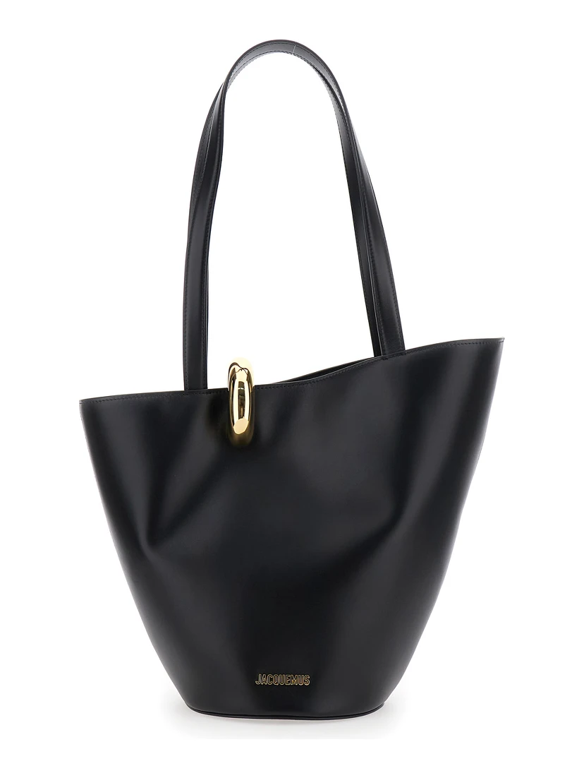 Le Bambola Moyen Black Shoulder Bag with Front Metal Ring Closure and Embossed Logo Lettering on the Front in Leather Woman