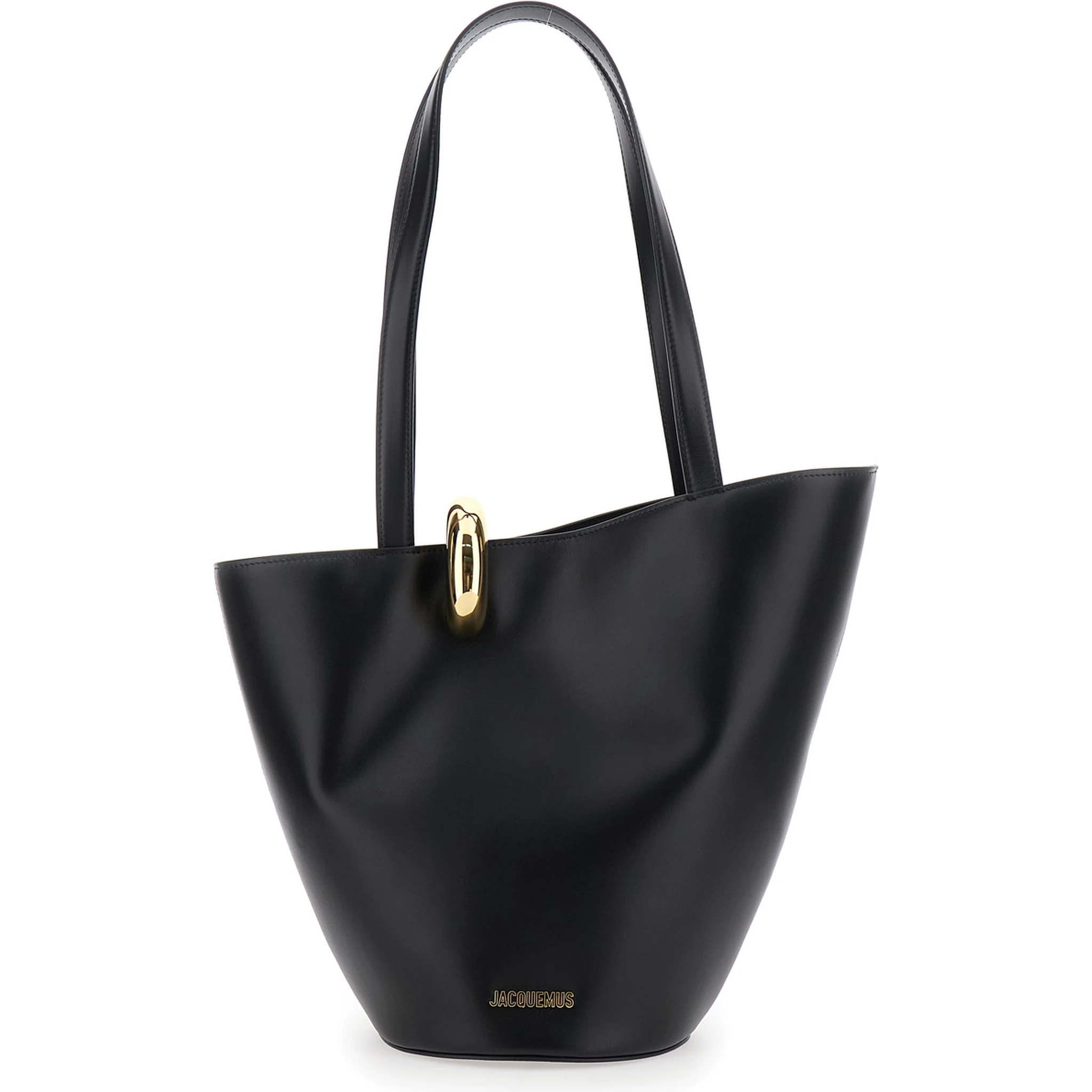 Le Bambola Moyen Black Shoulder Bag with Front Metal Ring Closure and Embossed Logo Lettering on the Front in Leather Woman