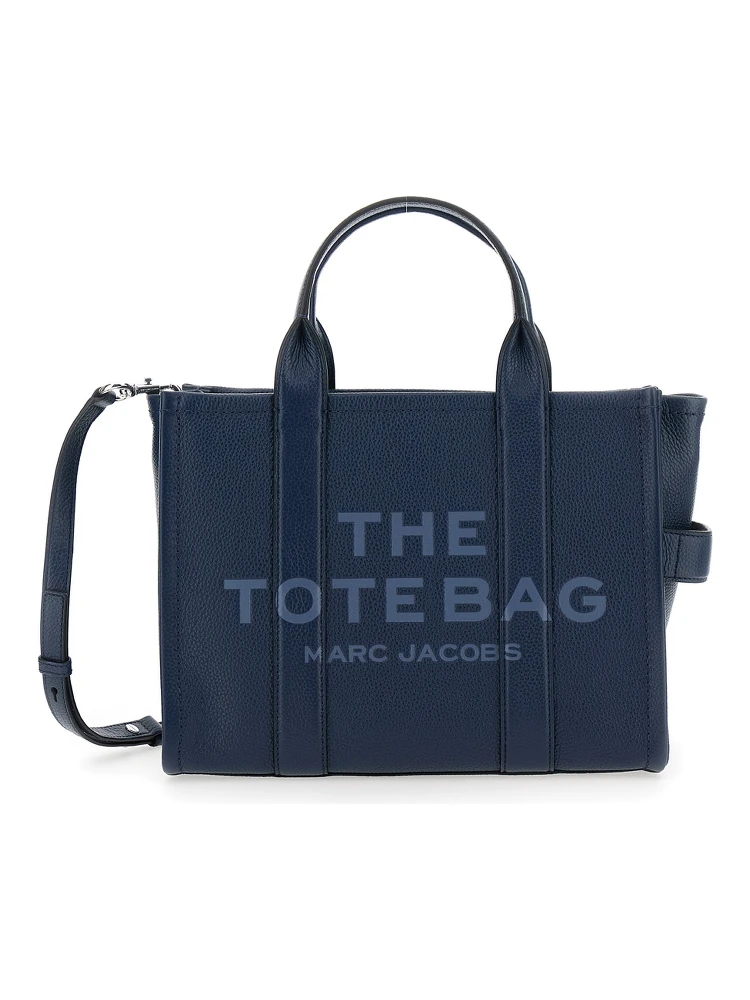 The Tote Bag Medium Blue Bag with Logo Print on the Front in Hammered Leather Woman