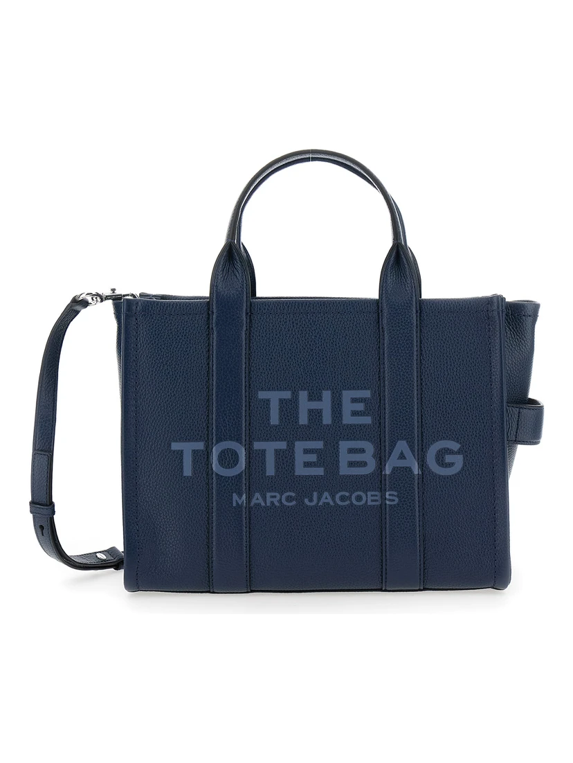 The Tote Bag Medium Blue Bag with Logo Print on the Front in Hammered Leather Woman