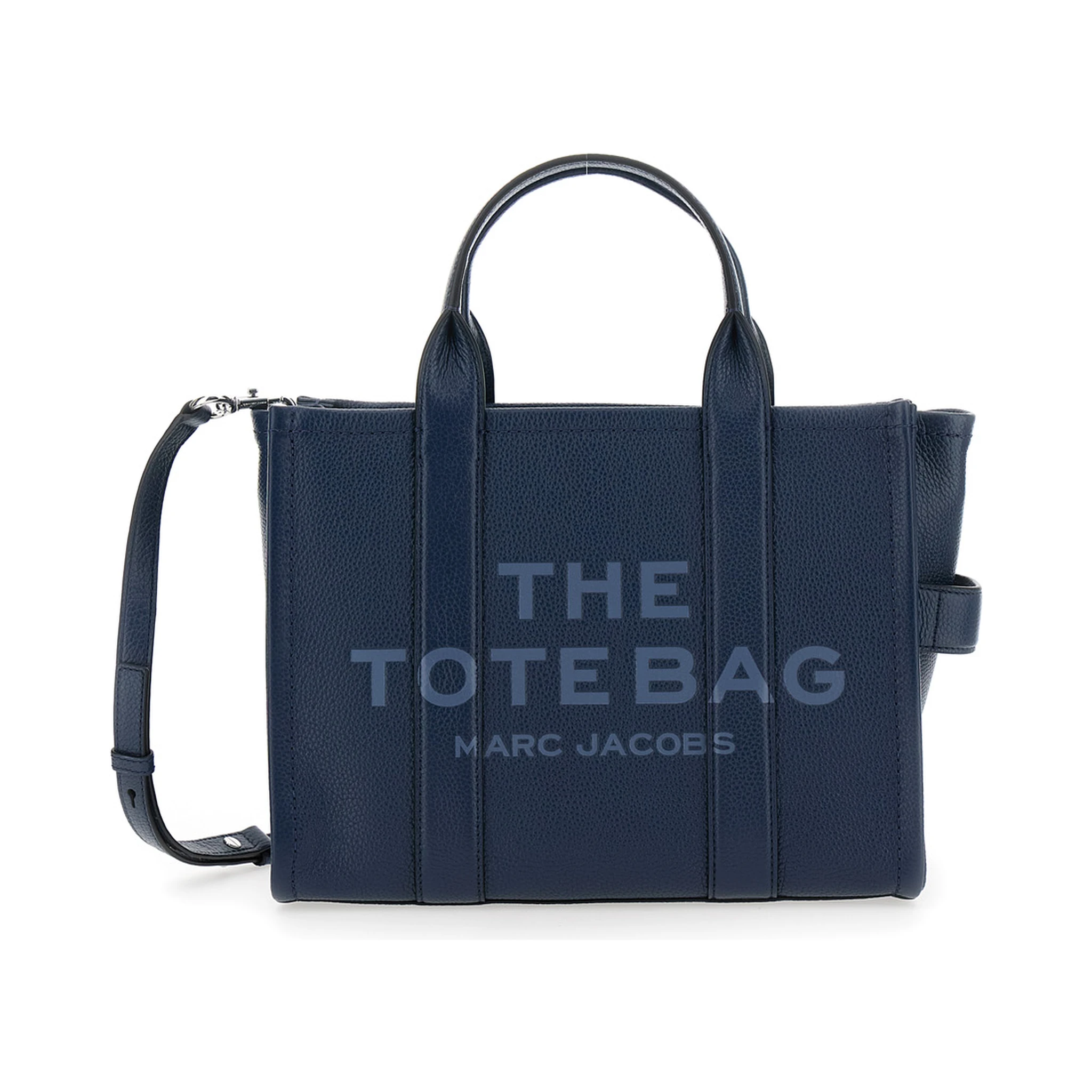 The Tote Bag Medium Blue Bag with Logo Print on the Front in Hammered Leather Woman