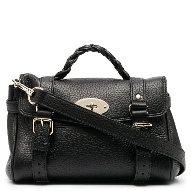 Alexa Black Mini Handbag with Adjustable and Removable Shoulder Strap and Braided Handle in Grained Leather Woman
