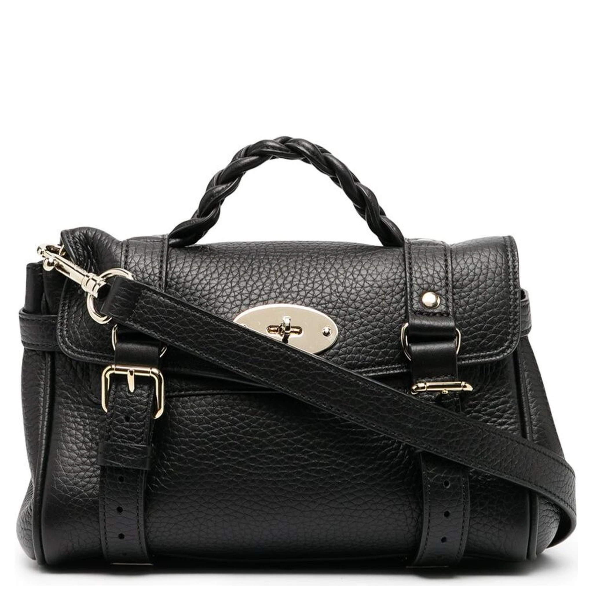 حقيبة يد صغيرة سوداء من أليكسا، مزودة بحزام كتف قابل للتعديل والإزالة ومقبض مضفر من الجلد المحبب للنساء