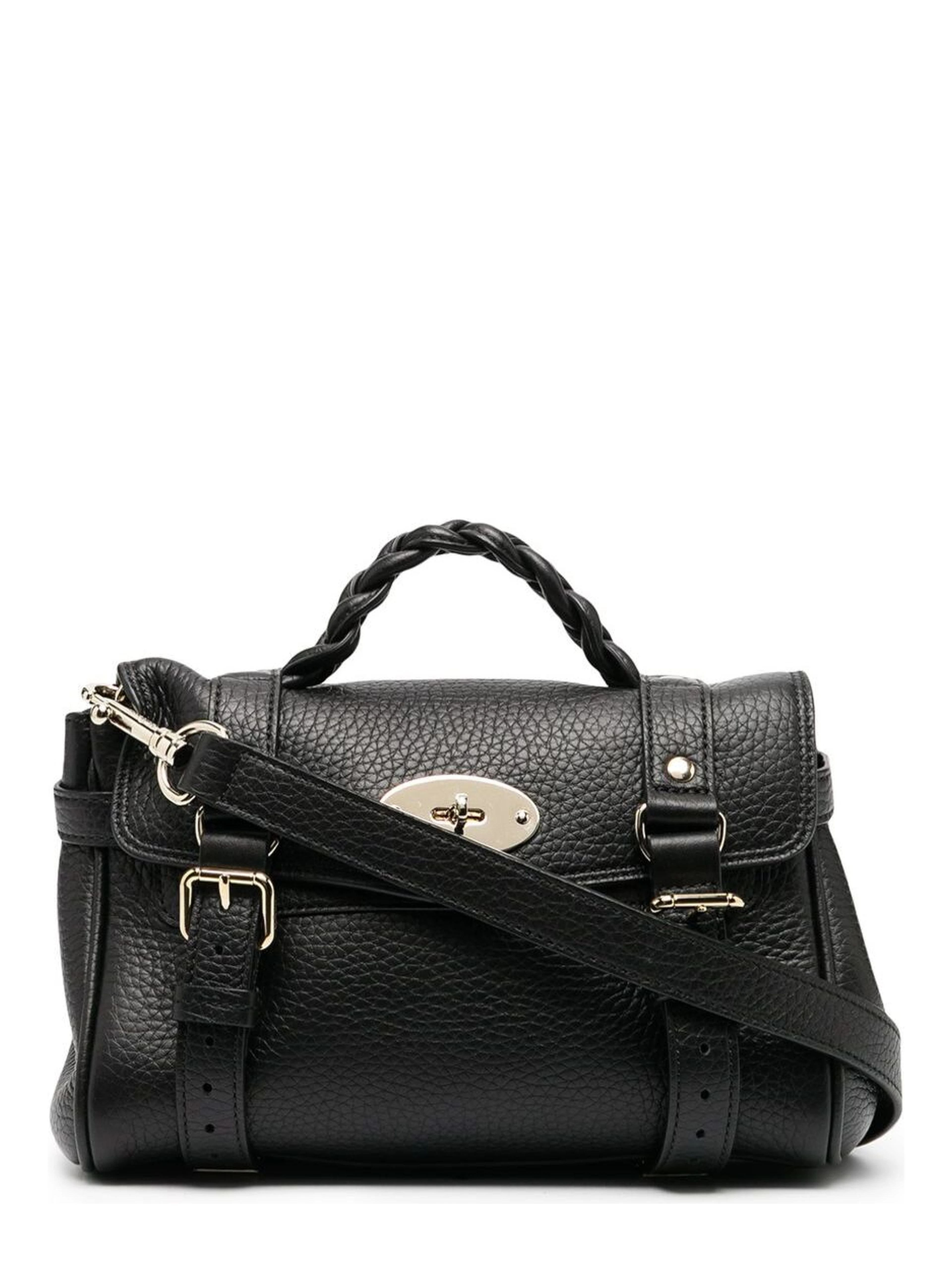Alexa Black Mini Handbag with Adjustable and Removable Shoulder Strap and Braided Handle in Grained Leather Woman