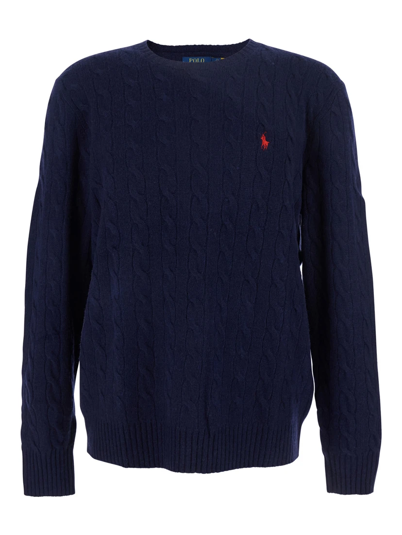 Blue Cable Knit Crewneck Sweater with Pony Embroidery on the Front in Wool and Cashmere Man