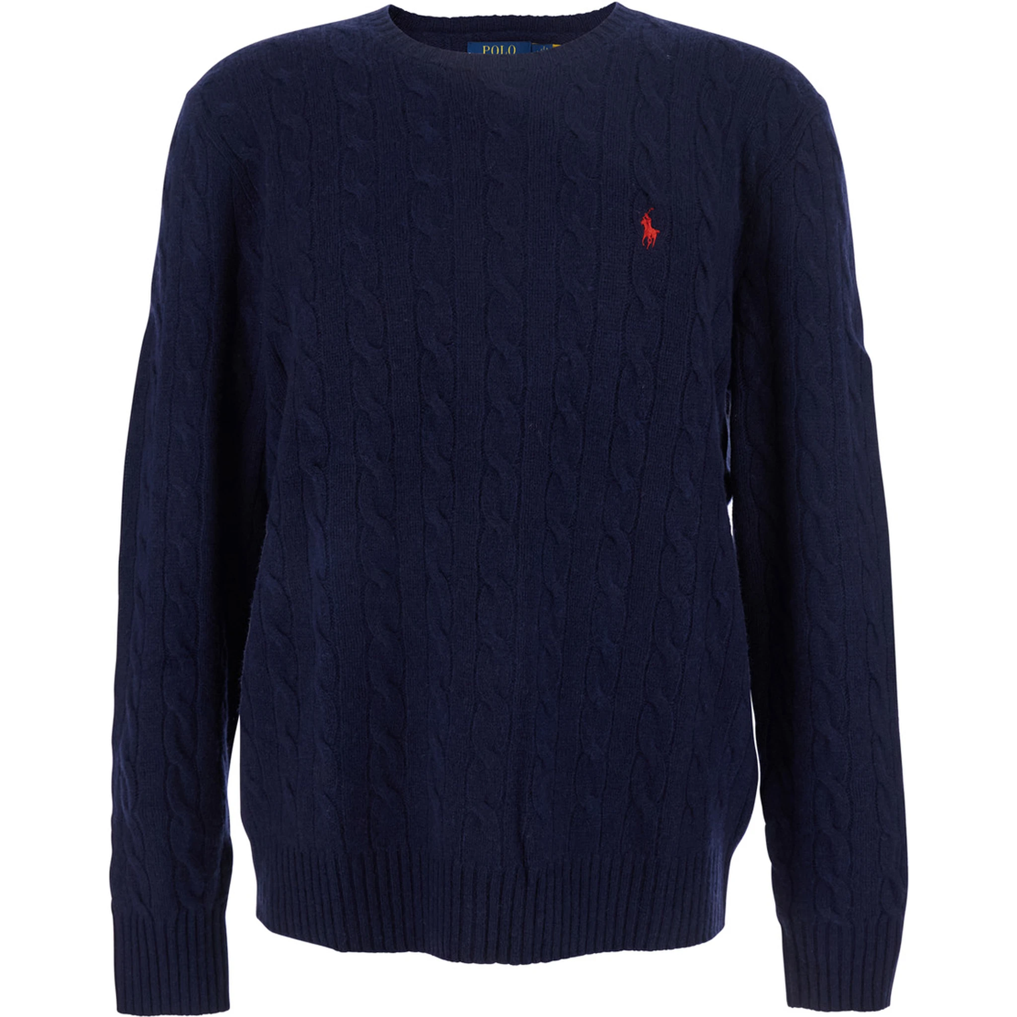 Blue Cable Knit Crewneck Sweater with Pony Embroidery on the Front in Wool and Cashmere Man