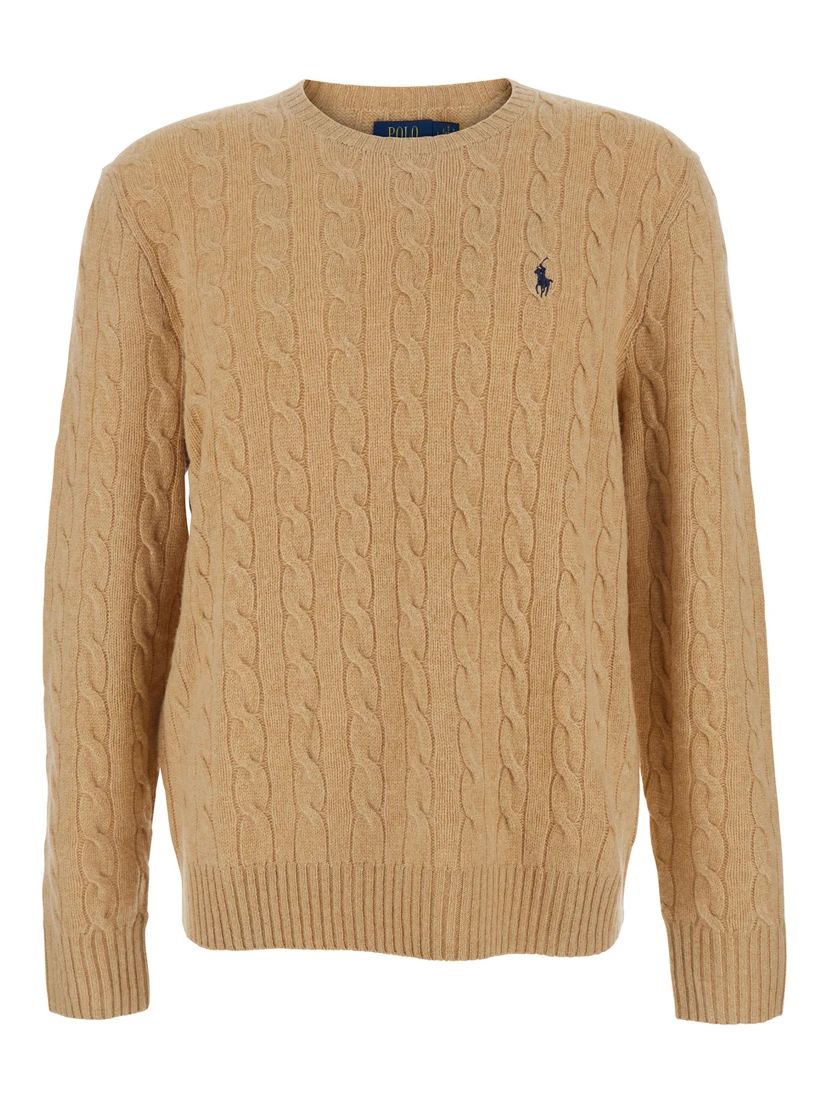 Beige Cable Knit Crewneck Sweater with Pony Embroidery on the Front in Wool and Cashmere Man