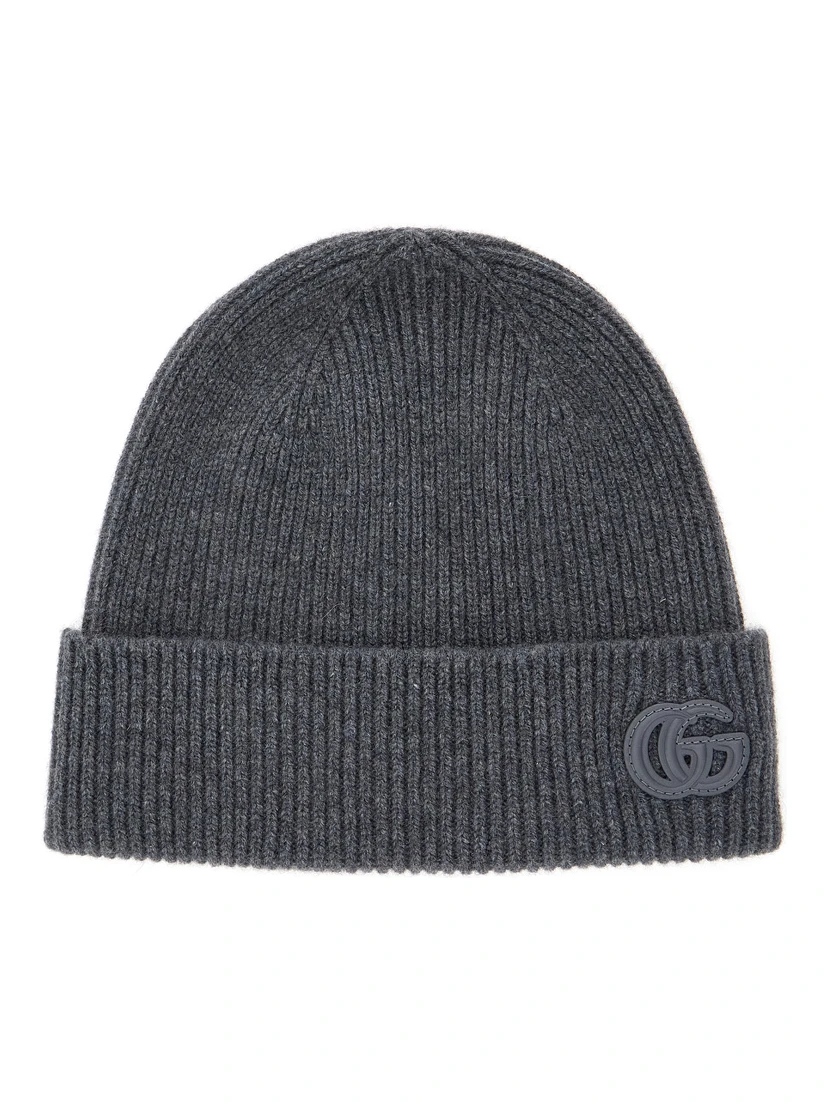 Grey Beanie with Logo Patch on the Front in Wool Man