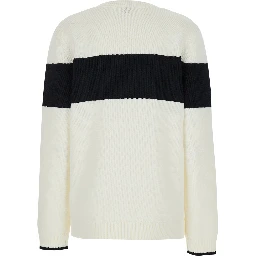 White Sweater with Contrasting Stripe in Cotton Blend Woman