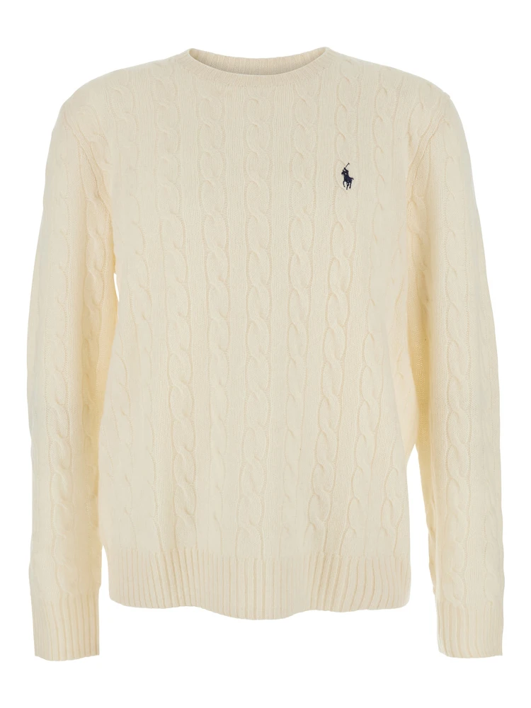 White Cable Knit Crewneck Sweater with Pony Embroidery on the Front in Wool and Cashmere Man