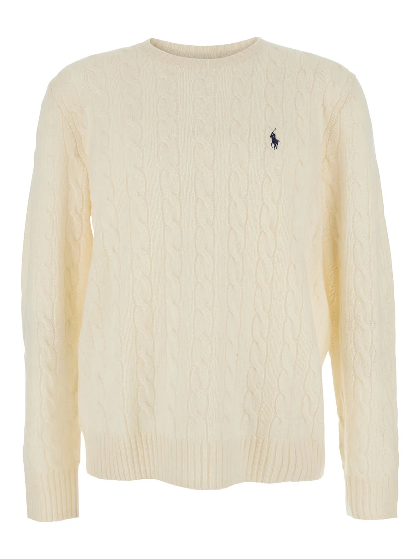 White Cable Knit Crewneck Sweater with Pony Embroidery on the Front in Wool and Cashmere Man