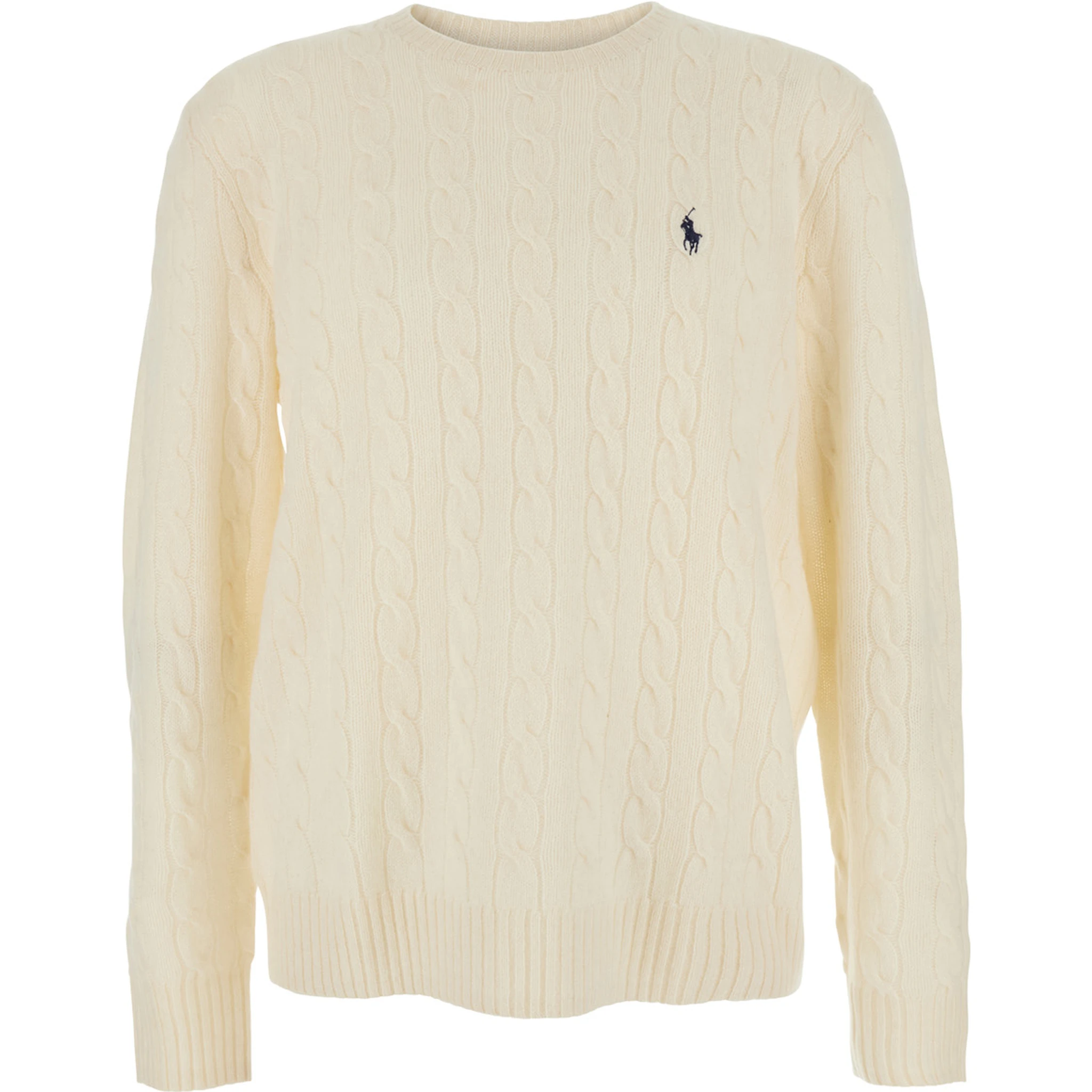 White Cable Knit Crewneck Sweater with Pony Embroidery on the Front in Wool and Cashmere Man