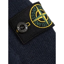 Blue Crewneck Sweater with Logo Patch on the Sleeve in Ribbed Trims in Wool and Cashmere Blend Boy