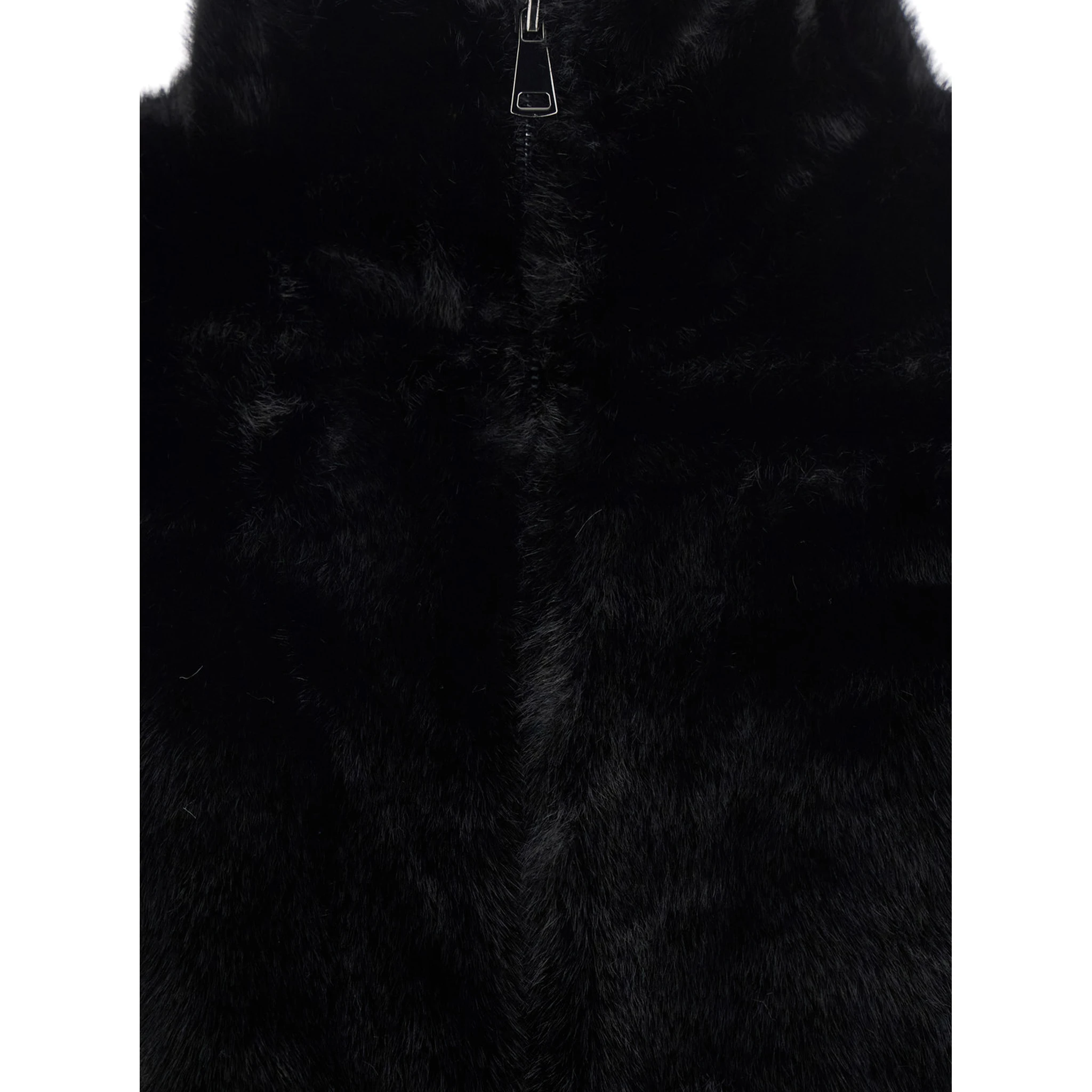 Annie Black Fur Jacket with Classic Collar and Front Zip Closure in Ecofur Woman