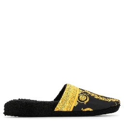 Black and Gold House Slippers in Cotton and Terry with Baroque Print