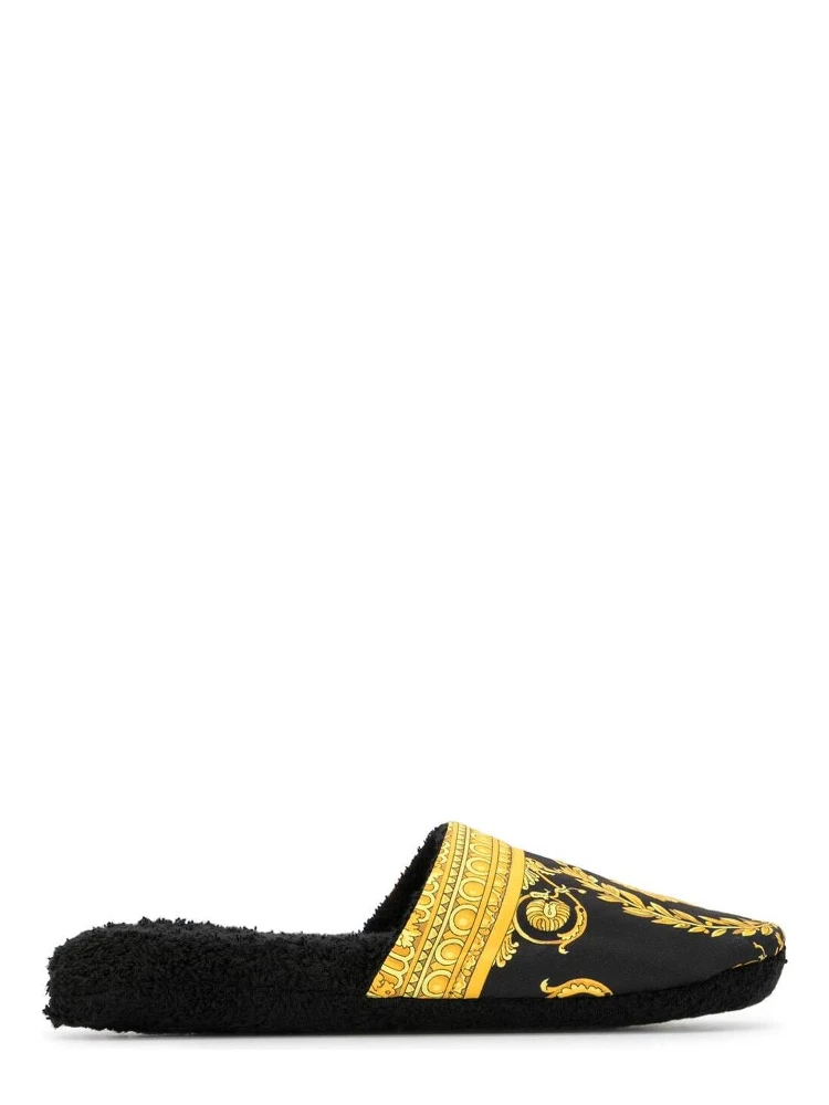 Black and Gold House Slippers in Cotton and Terry with Baroque Print