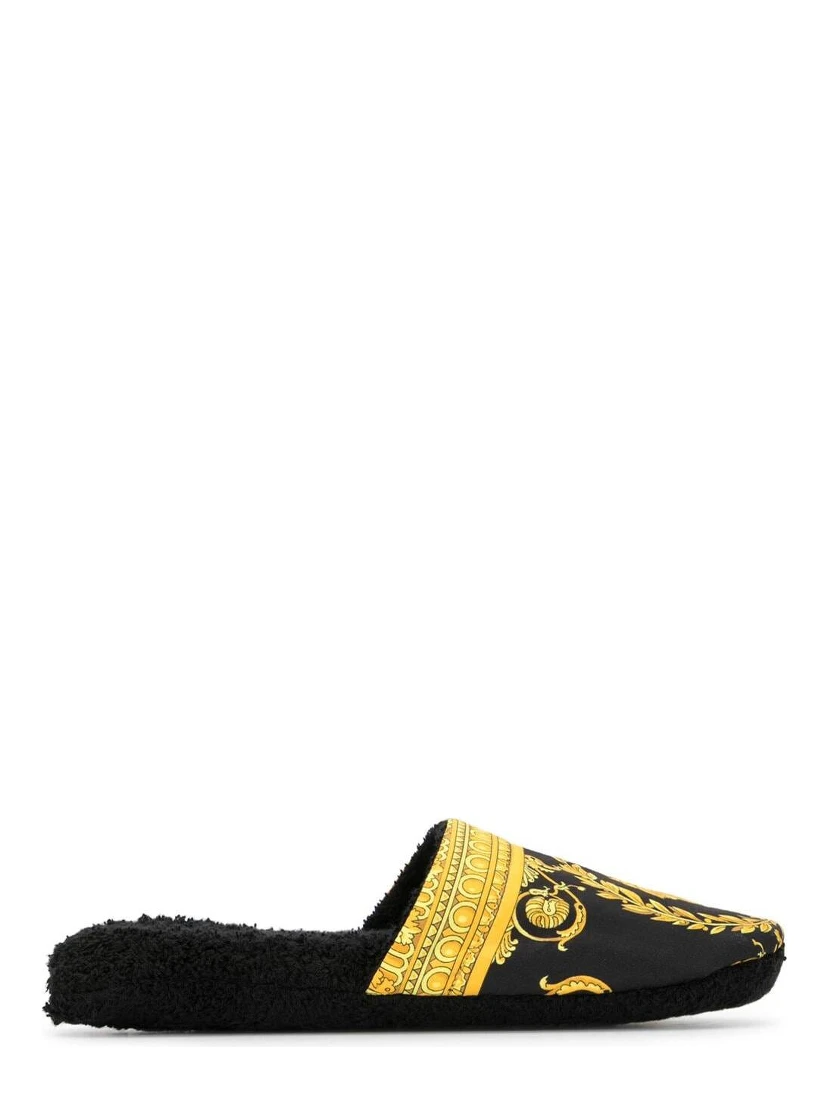 Black and Gold House Slippers in Cotton and Terry with Baroque Print