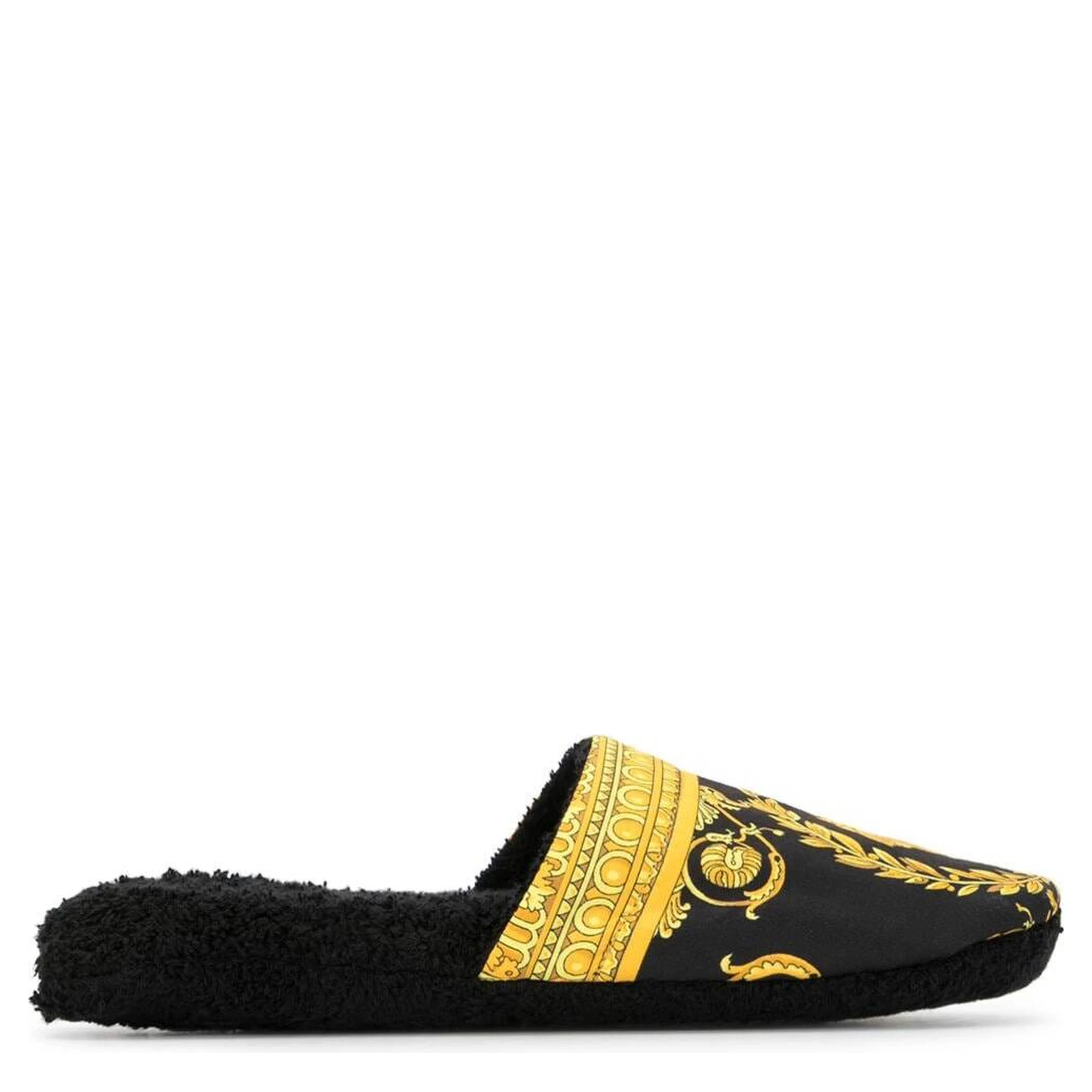 Black and Gold House Slippers in Cotton and Terry with Baroque Print