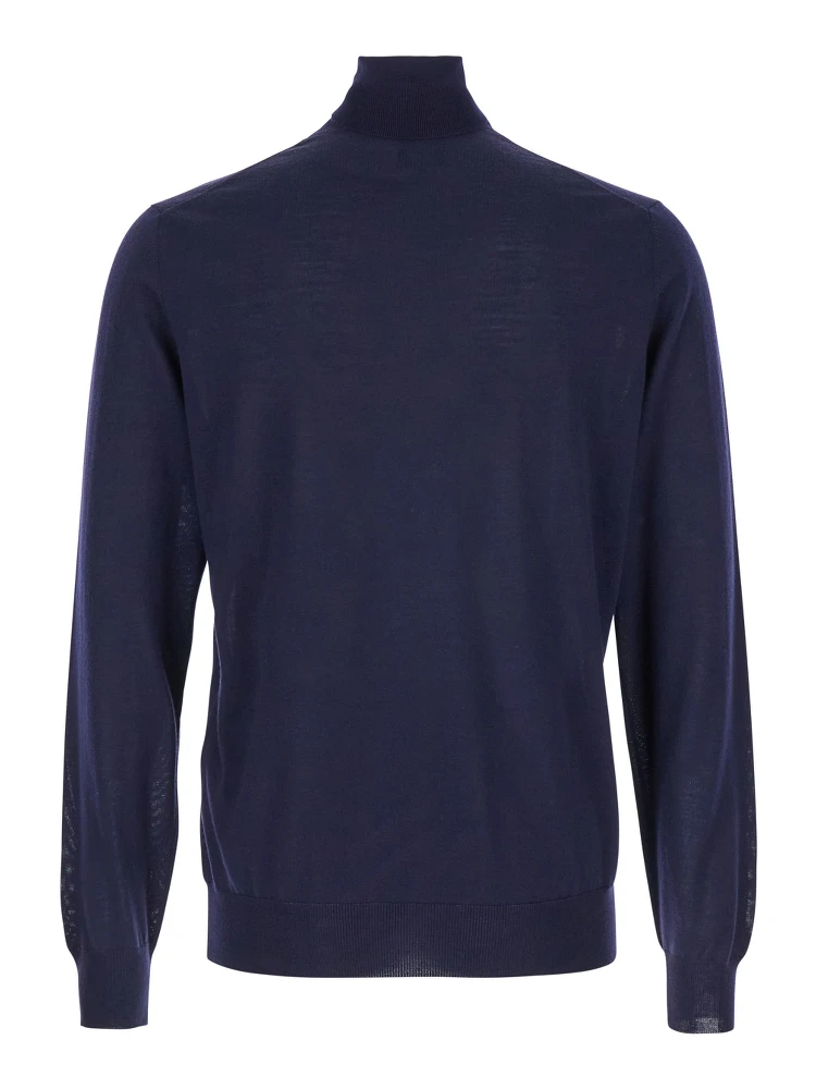 Navy Blue Turtleneck Pull with Rib Trim in Wool Man Gaudenzi