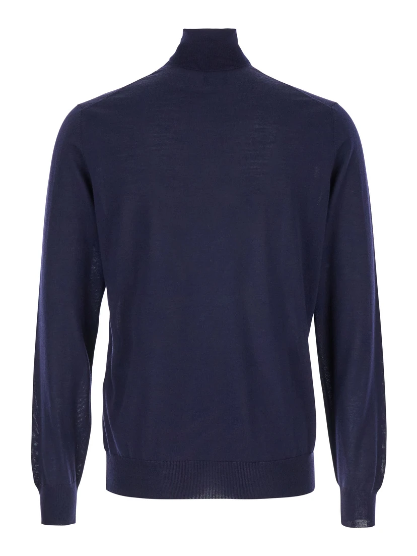 Navy Blue Turtleneck Pull with Rib Trim in Wool Man Gaudenzi