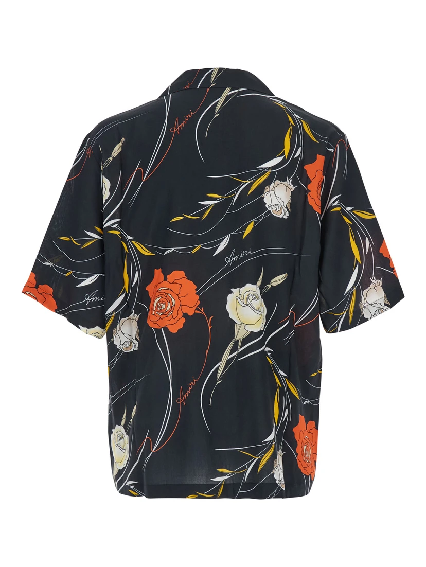 Black Bowling Shirt with Cuban Collar and All-Over Floral Motif in Viscose Man