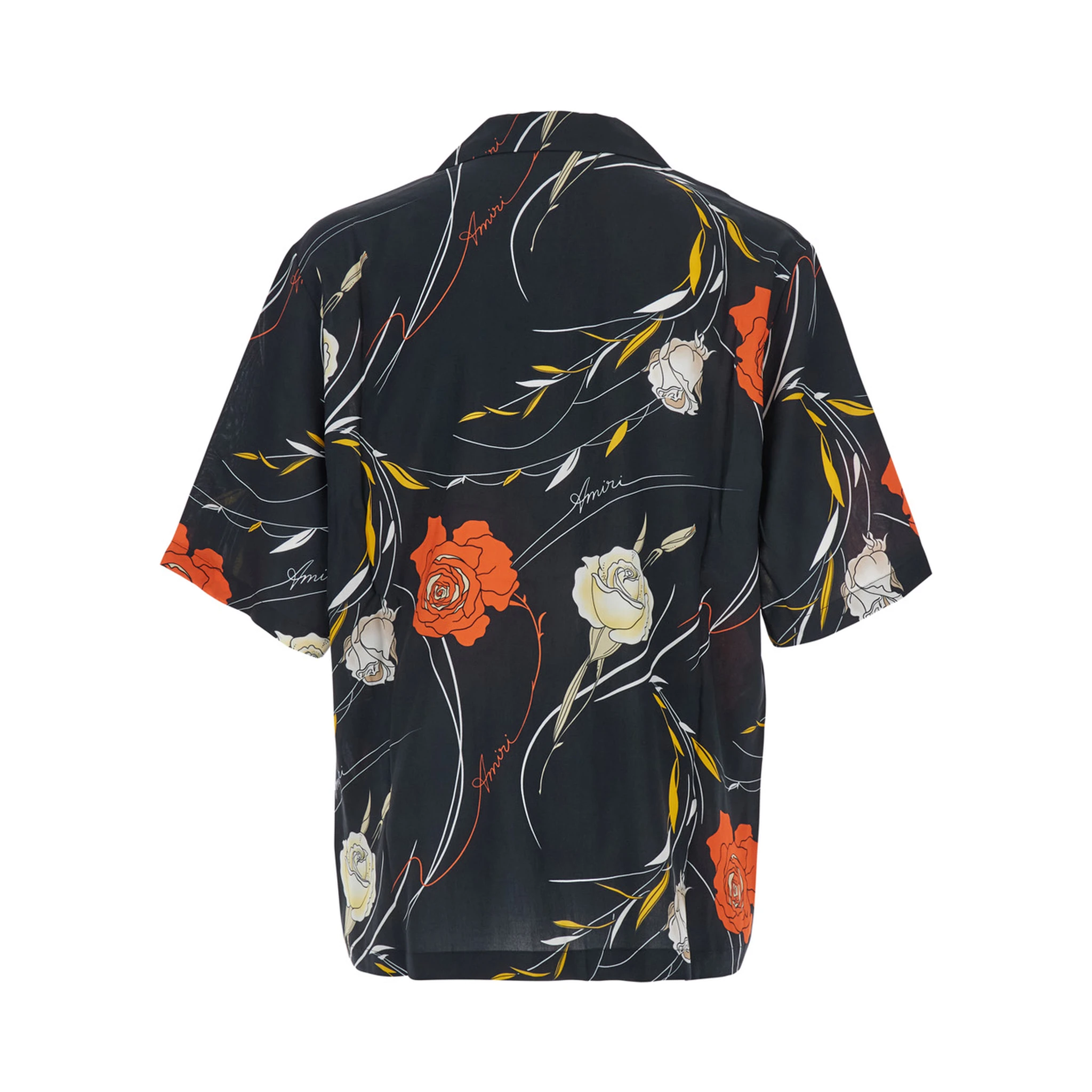 Black Bowling Shirt with Cuban Collar and All-Over Floral Motif in Viscose Man