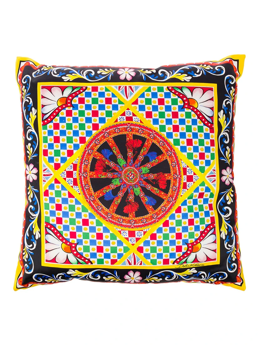 Multicolor Small Cushion with Carretto Foulard Print in Duchesse Cotton Dolce & Gabbana
