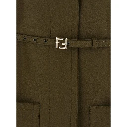 Green Crewneck Coat with Puffed Leather Sleeves and Belt with FF Plaque in Wool and Viscose Woman