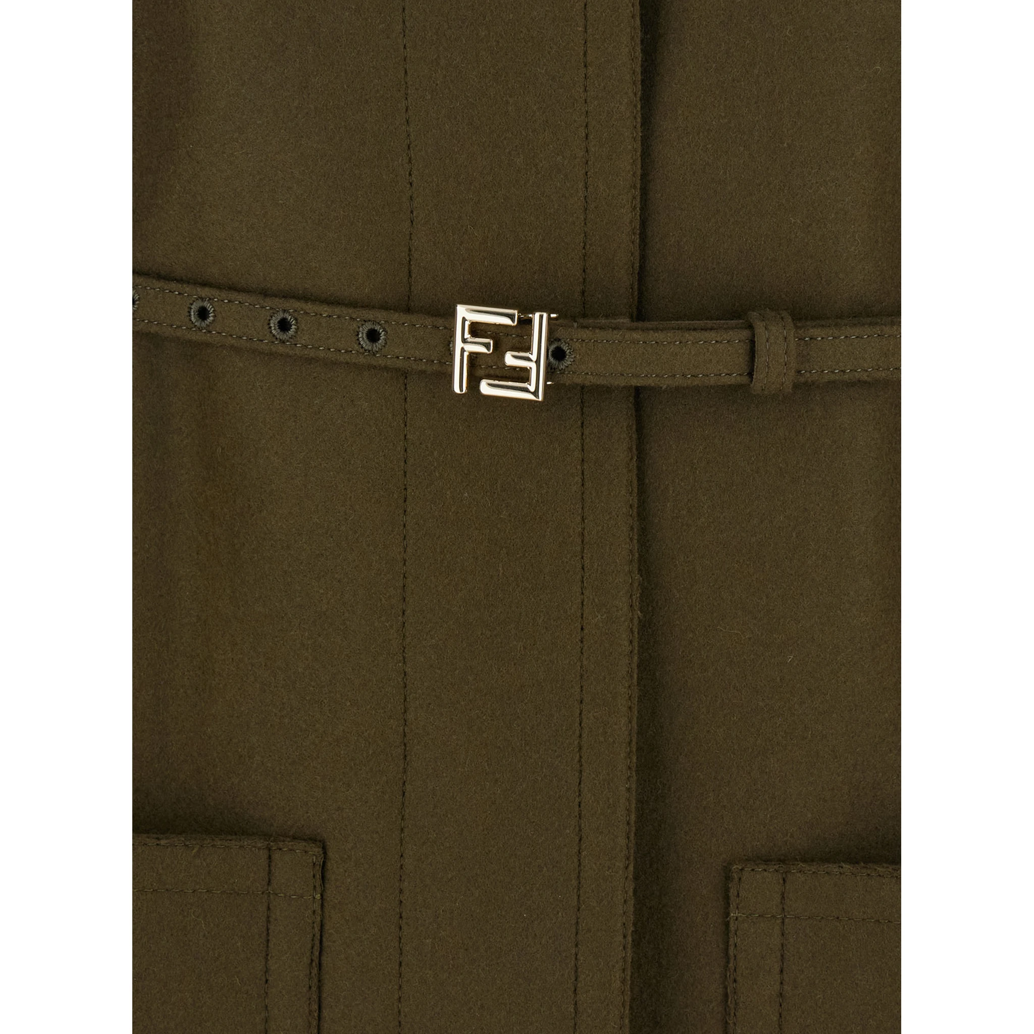 Green Crewneck Coat with Puffed Leather Sleeves and Belt with FF Plaque in Wool and Viscose Woman