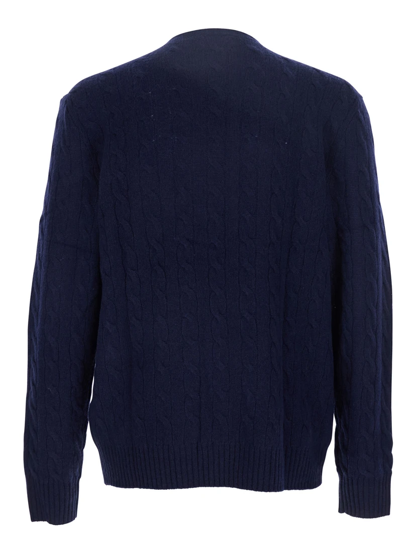 Blue Cable Knit Crewneck Sweater with Pony Embroidery on the Front in Wool and Cashmere Man